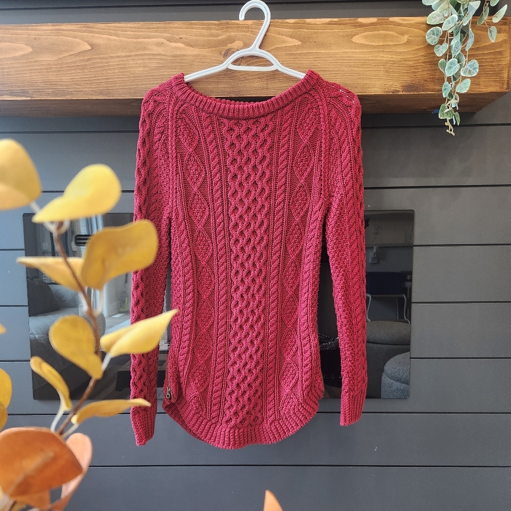 L.L. Bean Signature Cotton Wool Fisherman Cable Knit Sweater Burgundy XXS